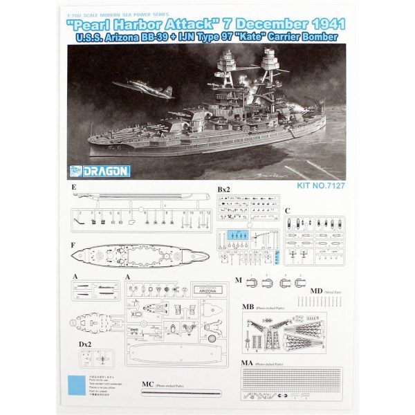 Dragon 7127 1/700 Ölçek, U.S.S. Arizona BB-39 Savaş Gemisi ve IJN Type 97 (Kate) Bombardıman Uçağı plastik Model Kiti - Görsel 4