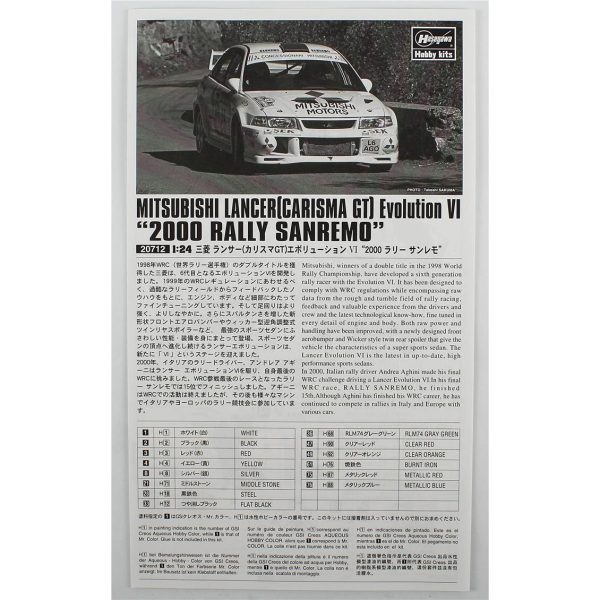 Hasegawa 20712 1/24 Ölçek, Mitsubishi Lancer (Carisma GT) Evolution IV (2000 Rally Sanremo), Otomobil Plastik Model Kiti - Görsel 4